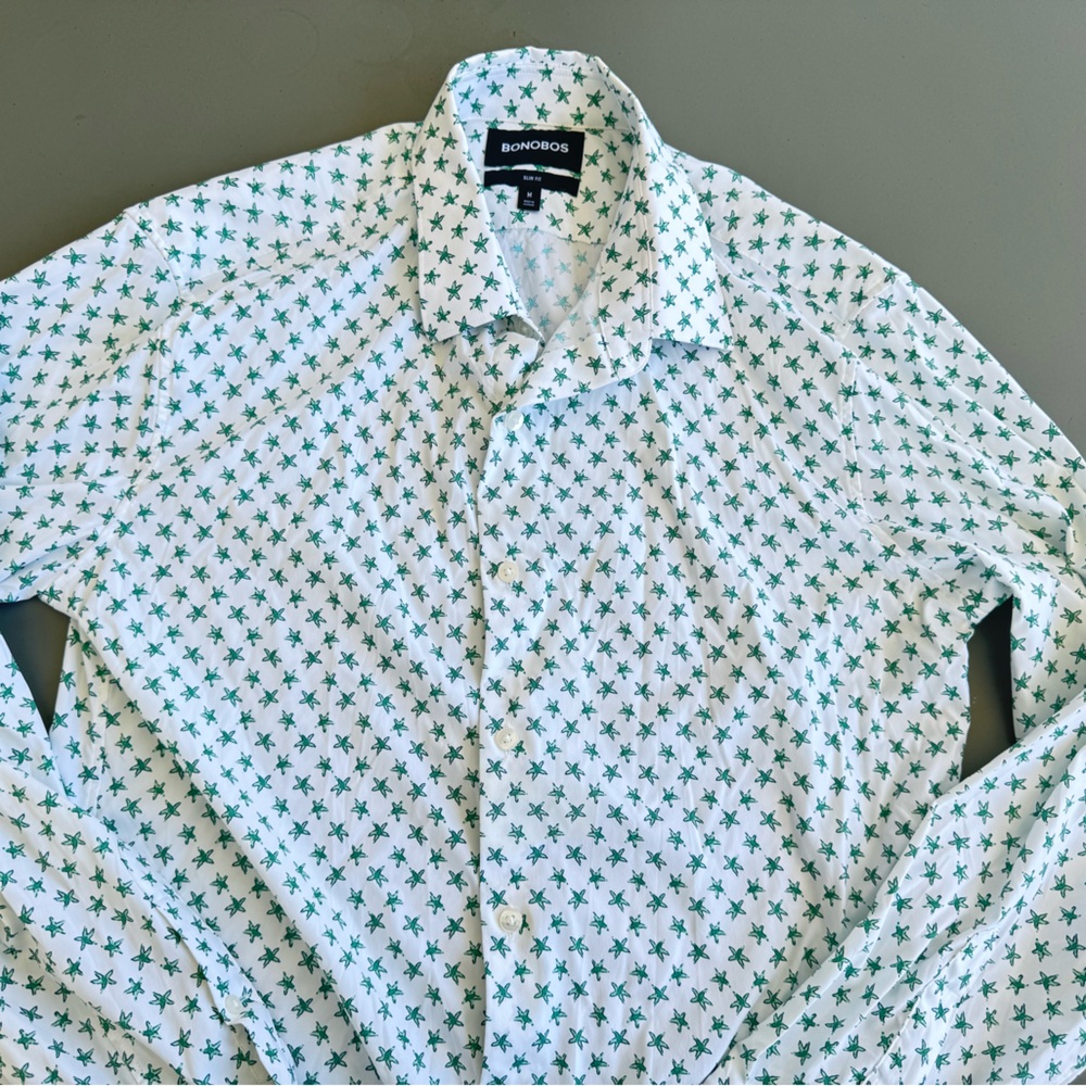 Bonobos White Shirt with Green Star Pattern